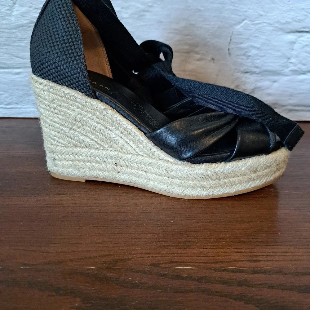 Cole Haan Grand 360 Black Leather Ankle Tie Espadrille Wedge Sandals
